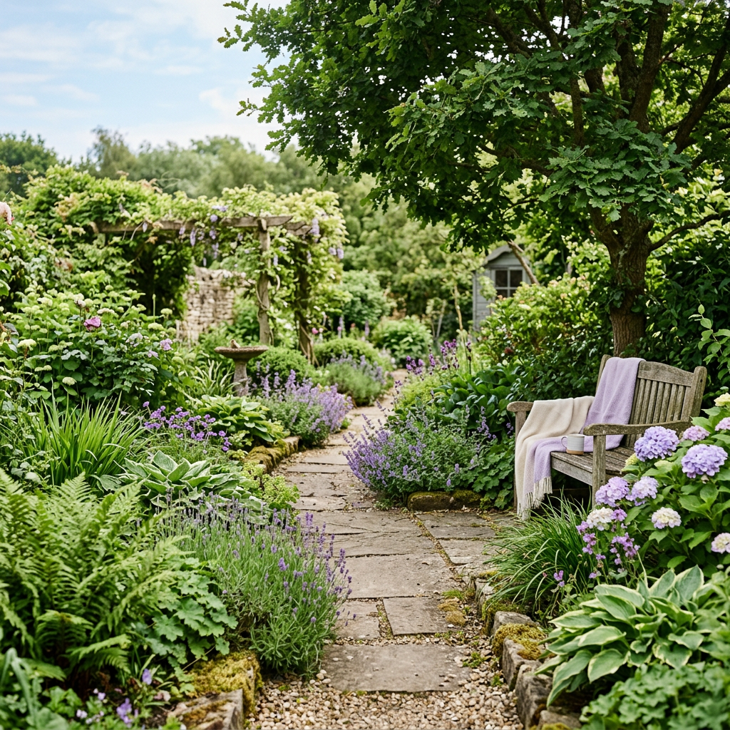 Stone pathway through a lush garden with flowering plants, a wooden bench, and a tree providing shade
