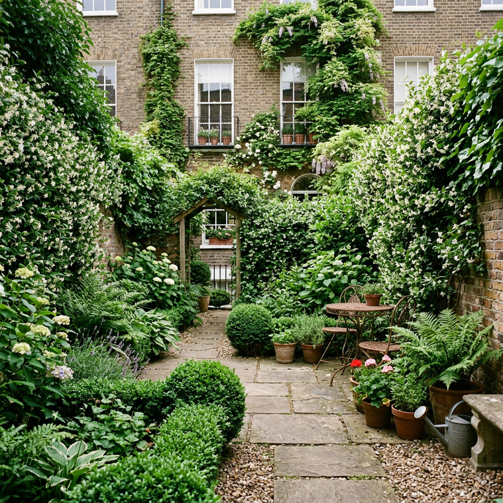 Courtyard garden pathway surrounded by dense green plants and flowering vines