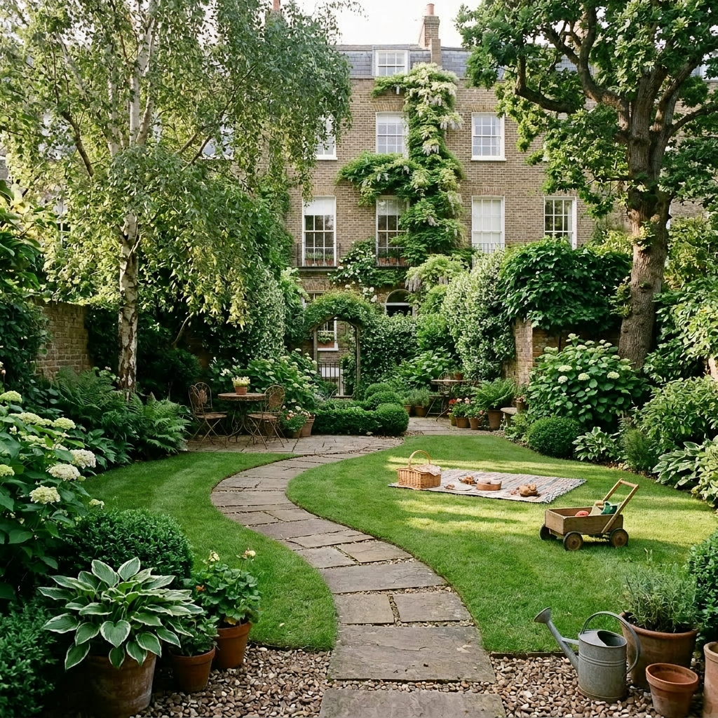 Family having a picnic on a lawn in a green garden with stone path and plants