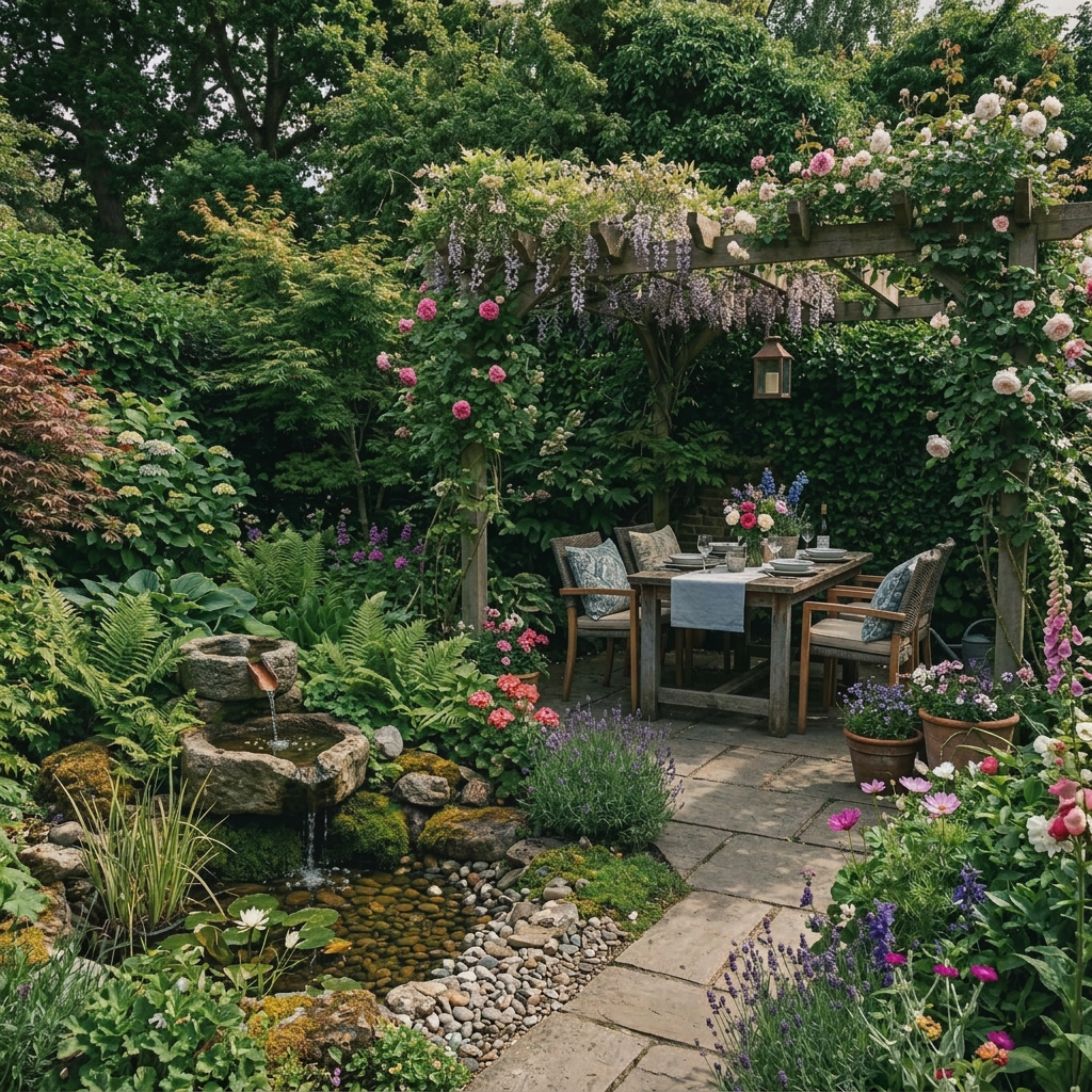 Garden dining area under wooden pergola surrounded by flowering plants and a stone water fountain
